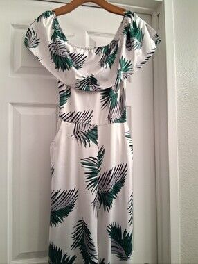 White And Green Leaf Print Jumpsuit Small
